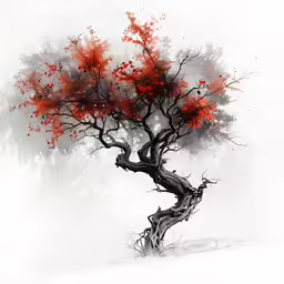 a red and black tree that has a white and red background