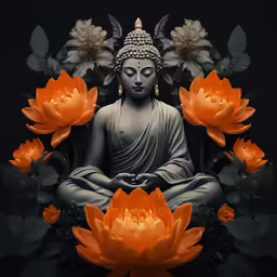 buddha statue sitting with orange flowers around it