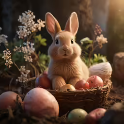 a toy rabbit sitting in a basket with eggs