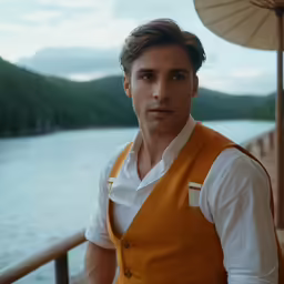 a man standing next to a body of water wearing an orange vest