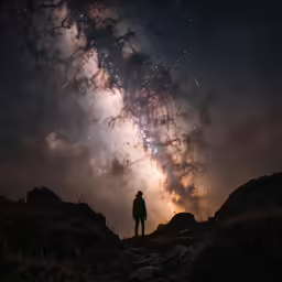 man standing on the edge of a rocky cliff looking at stars