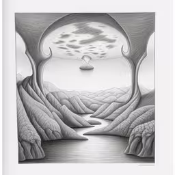 a drawing with trees and water in the distance,black and white drawing of water flowing in the distance with a sky above,this drawing is of an island that looks like an ocean,there is an art print that shows trees, water and land,a drawing in pencil of an ocean landscape