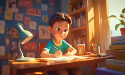a little boy sitting at a desk with a lamp and books on the table