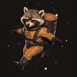 a raccoon in a space suit with an extra backpack