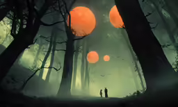 there are three orange balls in the air above two people walking among the trees