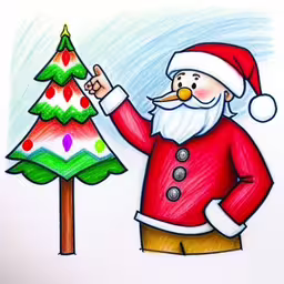 a drawing of a santa clause in front of a christmas tree,santa claus pointing towards an animated christmas tree,a santa clause looking at a christmas tree,an image of santa claus putting the finishing touches on a christmas tree,a santa claus holds up his christmas tree