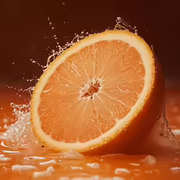 there is a sliced orange being splashed