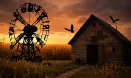 the windmill is near the house with birds flying around,an old water wheel in a corn field with the sun setting behind it