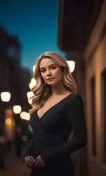a young woman standing on a street at night