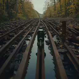 an old rail road track with trees in the background