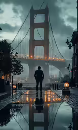 a person walking down the sidewalk near the golden gate bridge