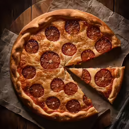a sliced pizza on a cutting board on a wooden table