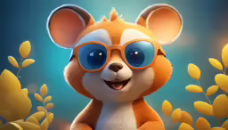 the cartoon squirrel has glasses and is smiling