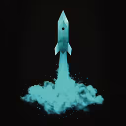 an animated rocket launching out of clouds on a black background