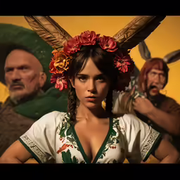 a woman wearing florals is standing in front of two men