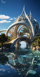 a futuristic landscape shows a beautiful bridge, water and trees
