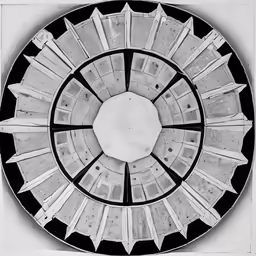 a drawing of a circular object with black and white background