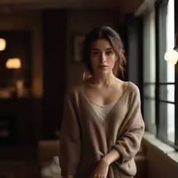 a young woman wearing a tan sweater and jeans looking out a window