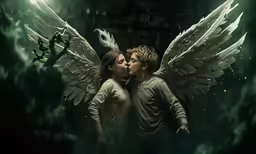 an artistic photo of two people kissing with wings