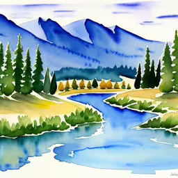 watercolor drawing of mountain scenery with river