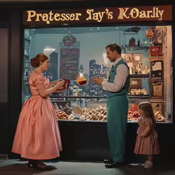 an old picture of a man offering something to a woman in front of a shop