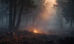 a fire in the woods that is lit with bright light
