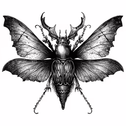 a large black and white beetle with horns on its back