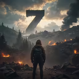 a man looking at a huge, dangerous number seven in the distance