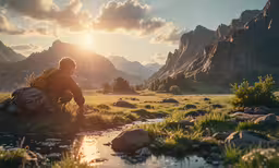 person sitting in the grass near water and mountains