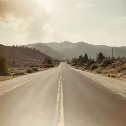 a yellow line on the road by the mountains