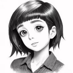 a drawing of a young girl with bangs and big eyes