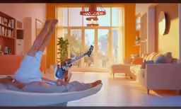 a man laying on a couch playing guitar
