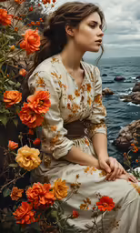 woman wearing dress sitting by flowers overlooking ocean