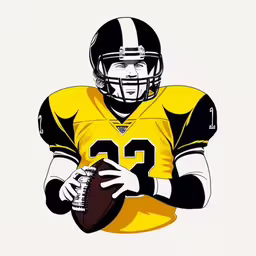 a football player holding the ball and ready to throw,a drawing of a football player wearing a black and yellow uniform,a drawing of a man holding a football,the pittsburgh browns have a special yellow uniform to match with their black uniforms,a football player holding a football in his right hand
