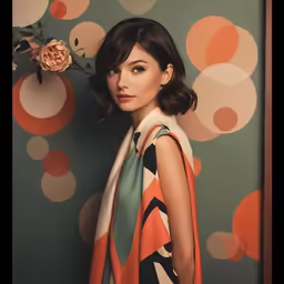 a woman wearing an orange dress stands in front of a wall decorated with circles