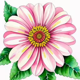 a drawing of a flower with leaves,this is a large flower drawing,a large flower with leaves and flowers on it,a watercolor painting of a large flower,a pink flower is painted on a white background