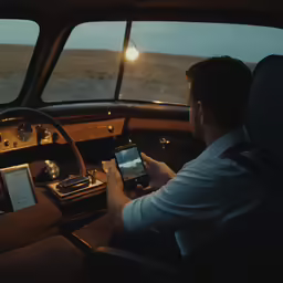 a man is sitting in the car while holding his phone