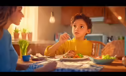 a child eating dinner at the dining table with another person