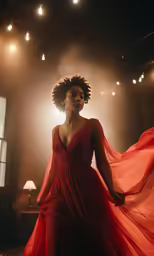 a beautiful young woman wearing a red gown