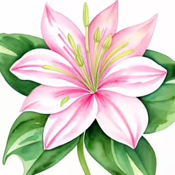 a flower with green leaves is on a white surface