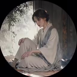 a woman in kimono sitting and posing for a picture