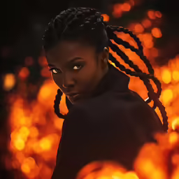 a young woman with large dreadlocks standing in front of yellow lights