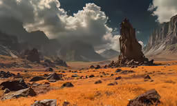 a dry field with grass and rocks in front of some mountains