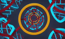 a very strange colored object next to some smaller things,several circles with orange and blue colors are shown