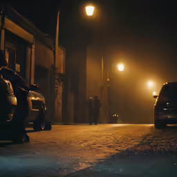 two cars parked on the street and a couple walking down the sidewalk