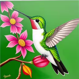 painting of bird with colorful flowers on green background,a colorful hummingbird perched on the branches of a flowered tree