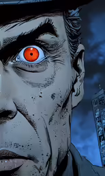 an evil looking man with an orange eye and hat