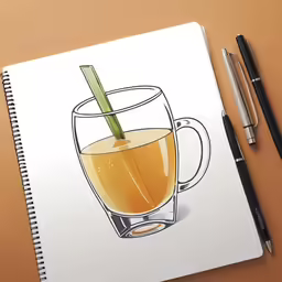 a notebook with a drawing of a glass of liquid and a pen