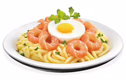 a plate topped with pasta and shrimp on a white surface