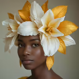 a close up of a person with a flower in her hair